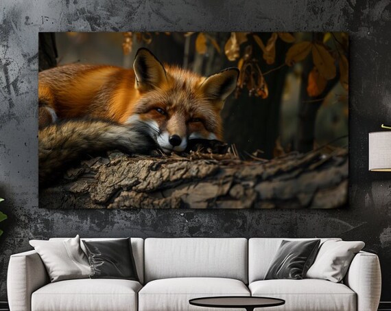 Red Fox Resting On Forest Log Autumn Woodland Wildlife Poster