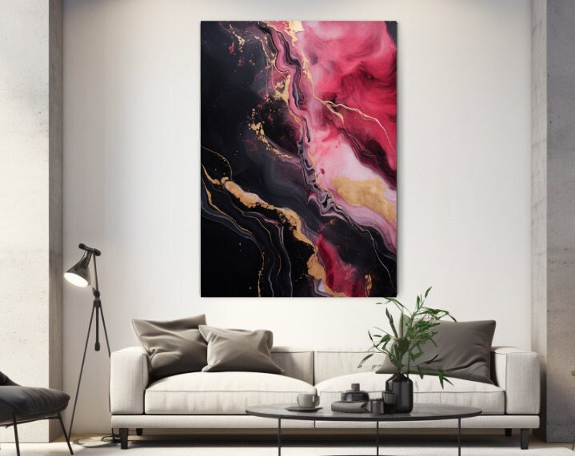 Black Pink Gold Marble Swirls Dramatic Modern Abstract Poster