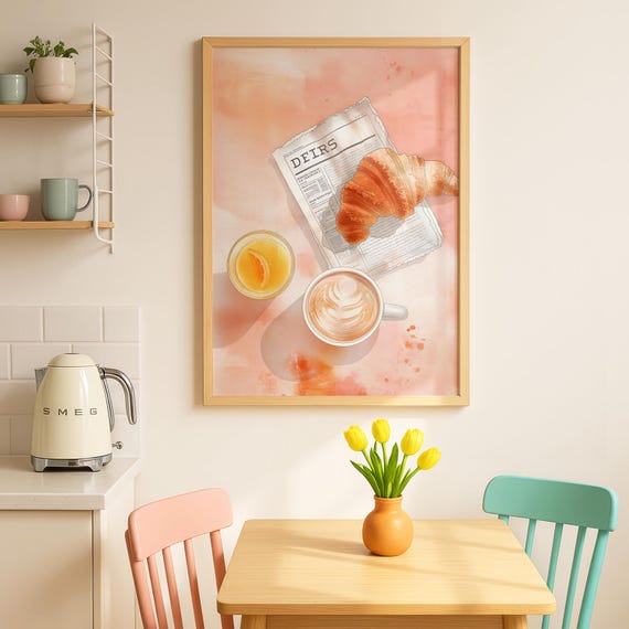 Coffee And Croissant Poster Cheerful Kitchen Dining Room Art