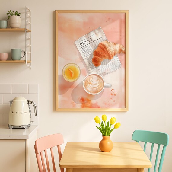 Croissant Coffee Watercolor Poster with Orange Juice and Morning Newspaper