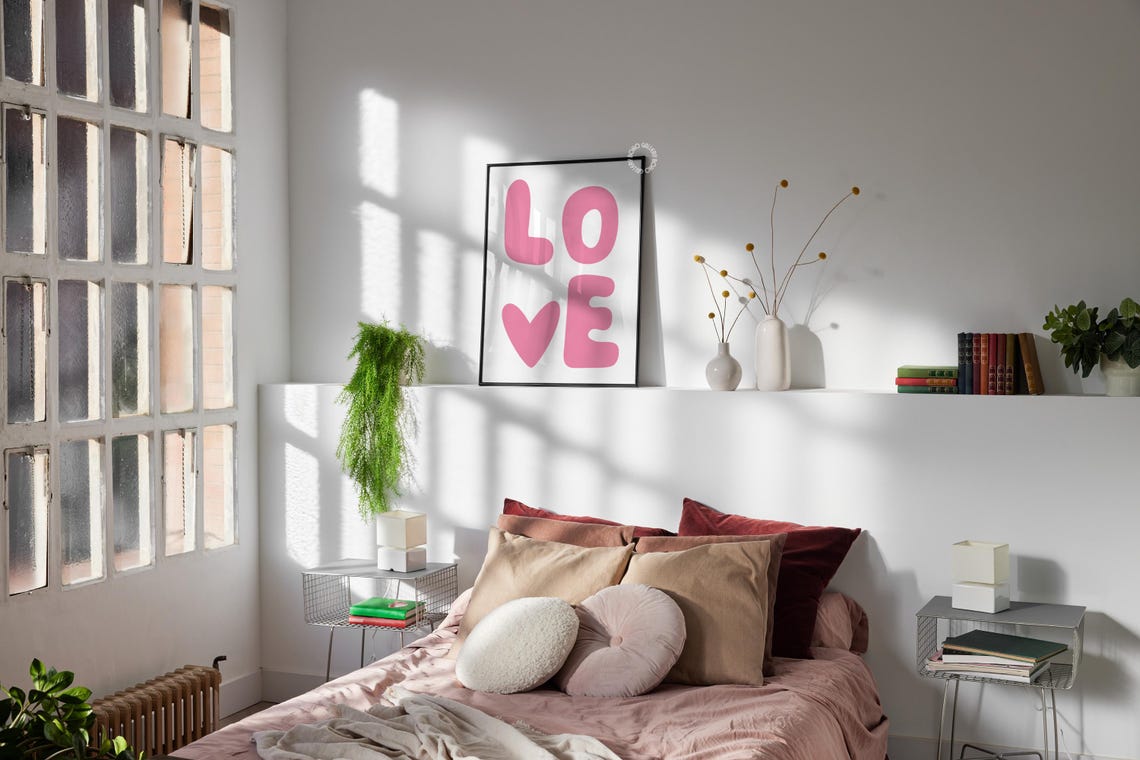 Pink LOVE Retro Typography Heart Poster 70s Playful Style Decor - Image 3