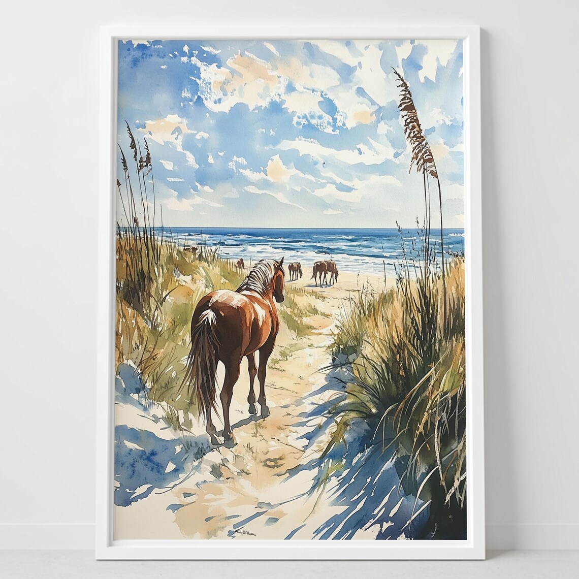 Assateague Wild Horses Beach Dunes Watercolor Coastal Island Horse Poster