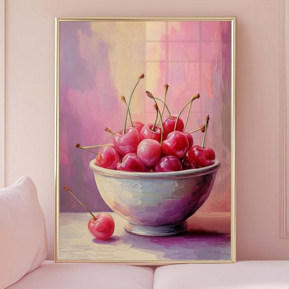 Cherries Wall Art Print Dopamine Kitchen Decor Trendy Pastel Poster Maximalist Food Light Pink