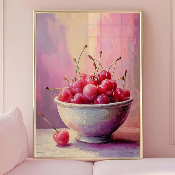 Pink Cherries Bowl Pastel Fruit Still Life Kitchen Decor Poster