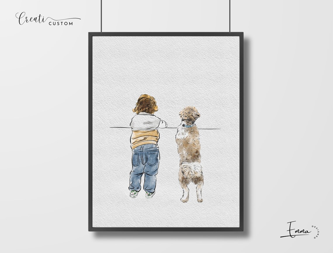 Family Watercolor Portrait With Pets, Nursery Decor