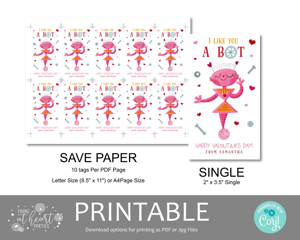 Kids I Like You A Bot Pink Robot Valentines Day Gift Tag Print - Image 2