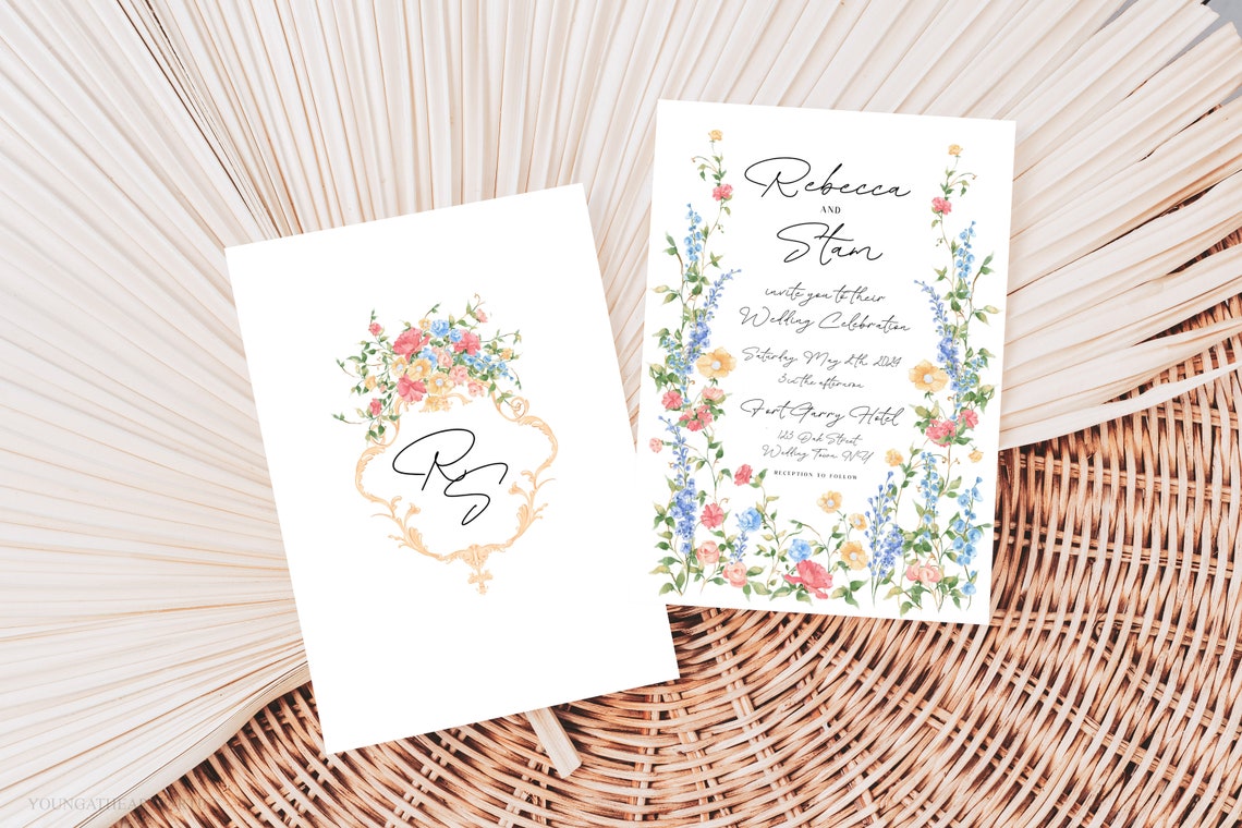 Spring Floral Crest Wedding Invitation Monogram Rebecca Stan Print