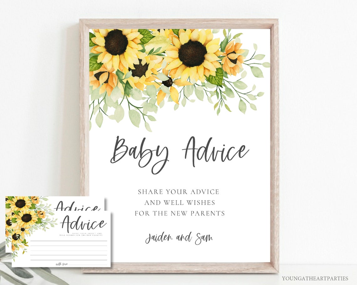 Sunflower Baby Advice Sign Watercolor Floral Baby Shower Decor Poster