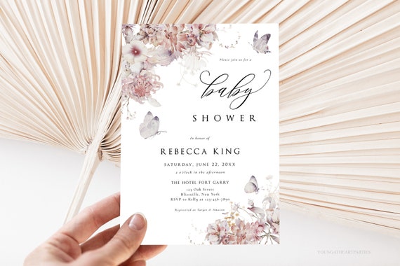 Soft Dreamy Butterfly Baby Shower Invitation Botanical Floral Baby Shower Ethereal Baby Shower Invite Soft Mauve Blush Pink Flowers