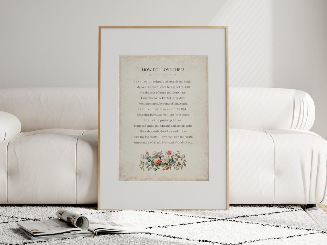 How Do I Love Thee Poem with Floral Wreath Literary Wall Art - Image 2