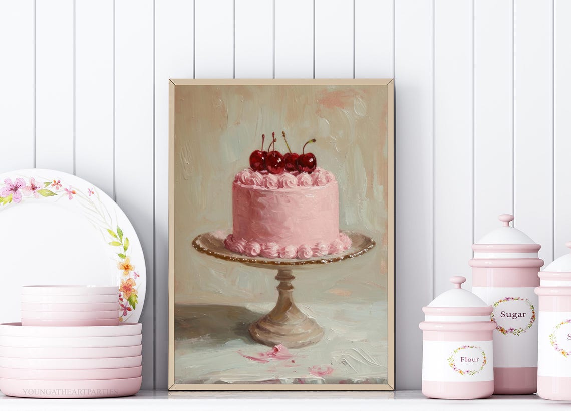 Pink Cherry Cake Oil Painting Coquette Bakery Kitchen Art Print