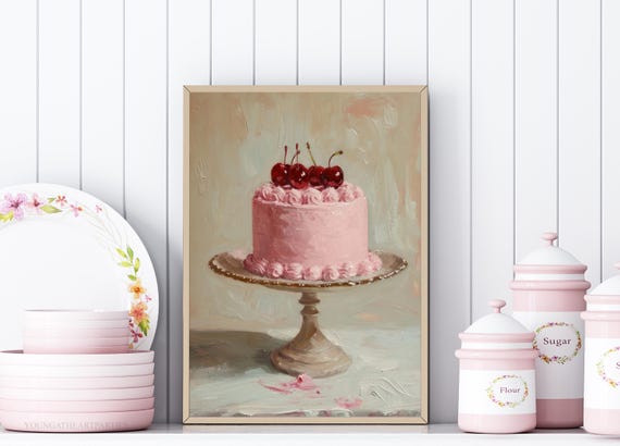 Cherry Cake Oil Painting Art Print Coquette Cake Art Print Trendy Cute Pink Wall Art Vintage Coquette Cake Food Illustration Painting