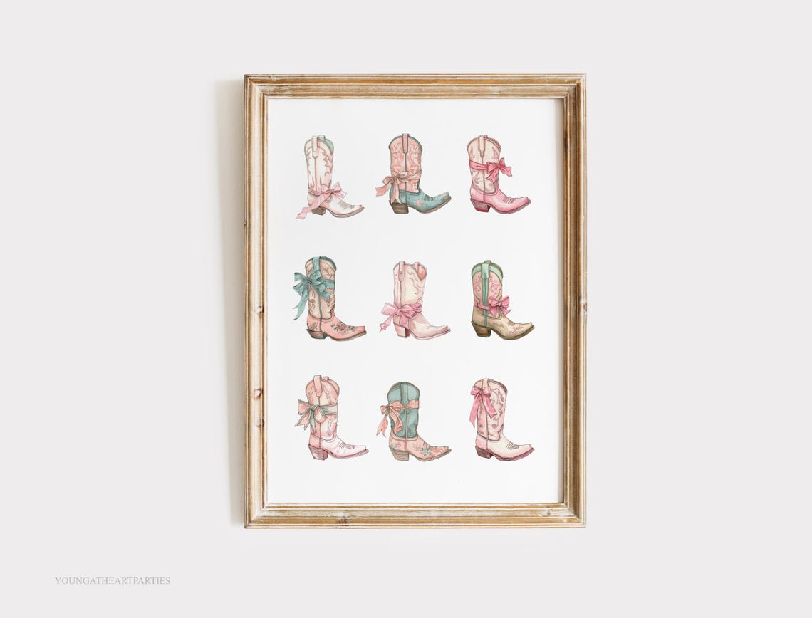 Pastel Cowgirl Boots Watercolor Bows Western Bedroom Wall Art - Image 6