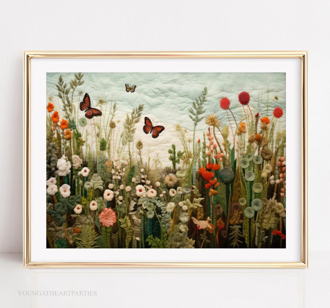 Wildflower Meadow Embroidered Textile Art Monarch Butterflies Print - Image 6