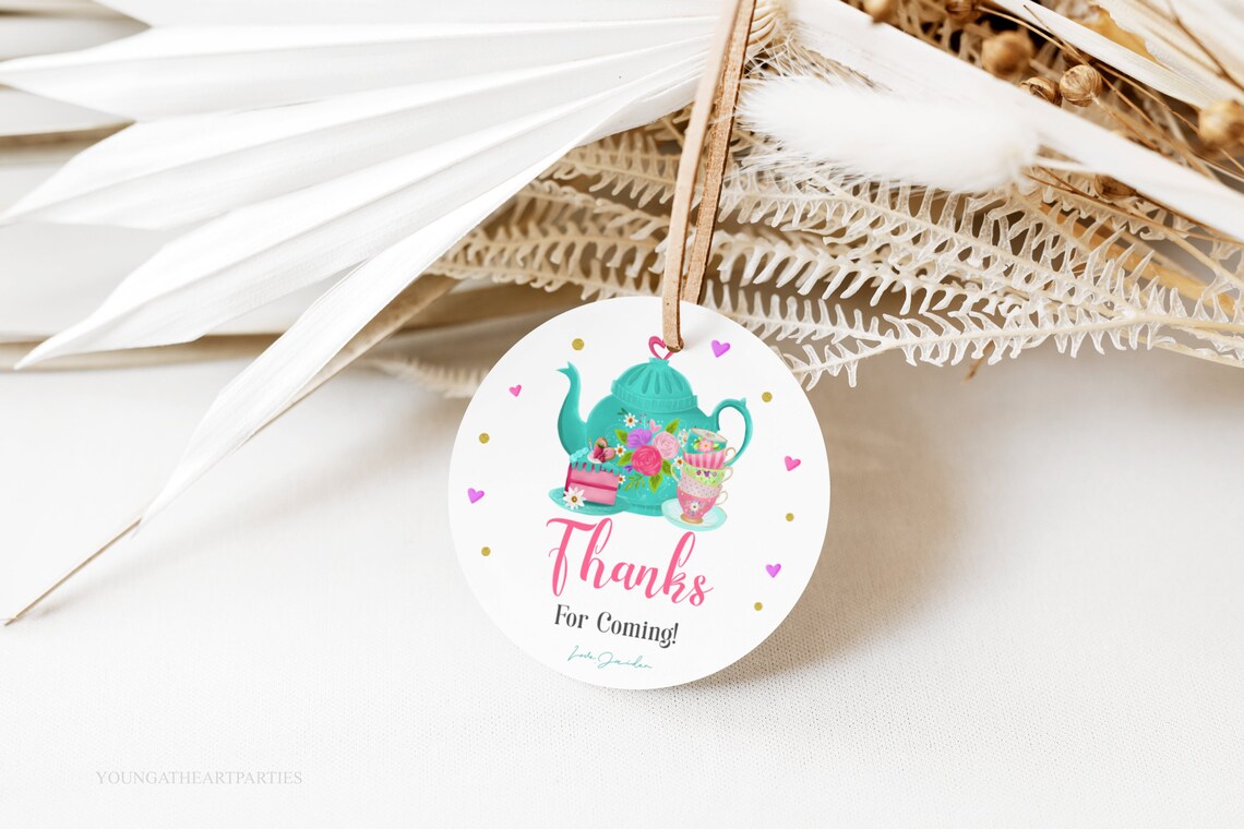 Tea Party Thank You Favor Tags Pink Gold Round Sticker Print