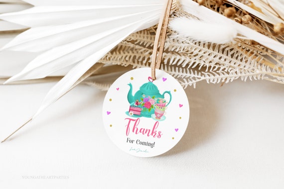 Editable Tea Party Favor Tag Sticker Template Pink Gold Whimsical Girls Tea Party Round Label Template Corjl