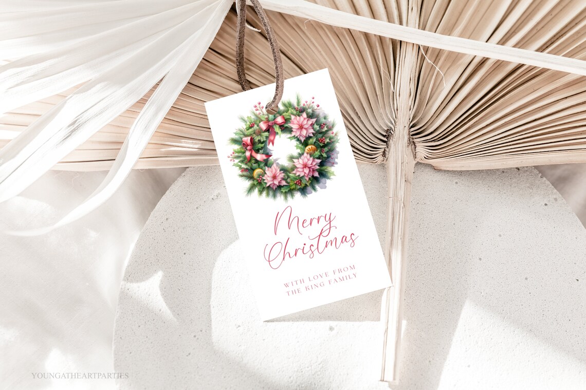 Pink Poinsettia Wreath Merry Christmas Gift Tag Elegant Holiday Print - Image 4