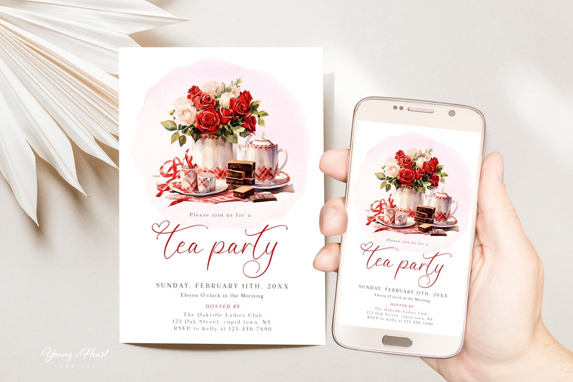 Valentine's Tea Party Watercolor Tea Set Roses Invitation Print - Image 4