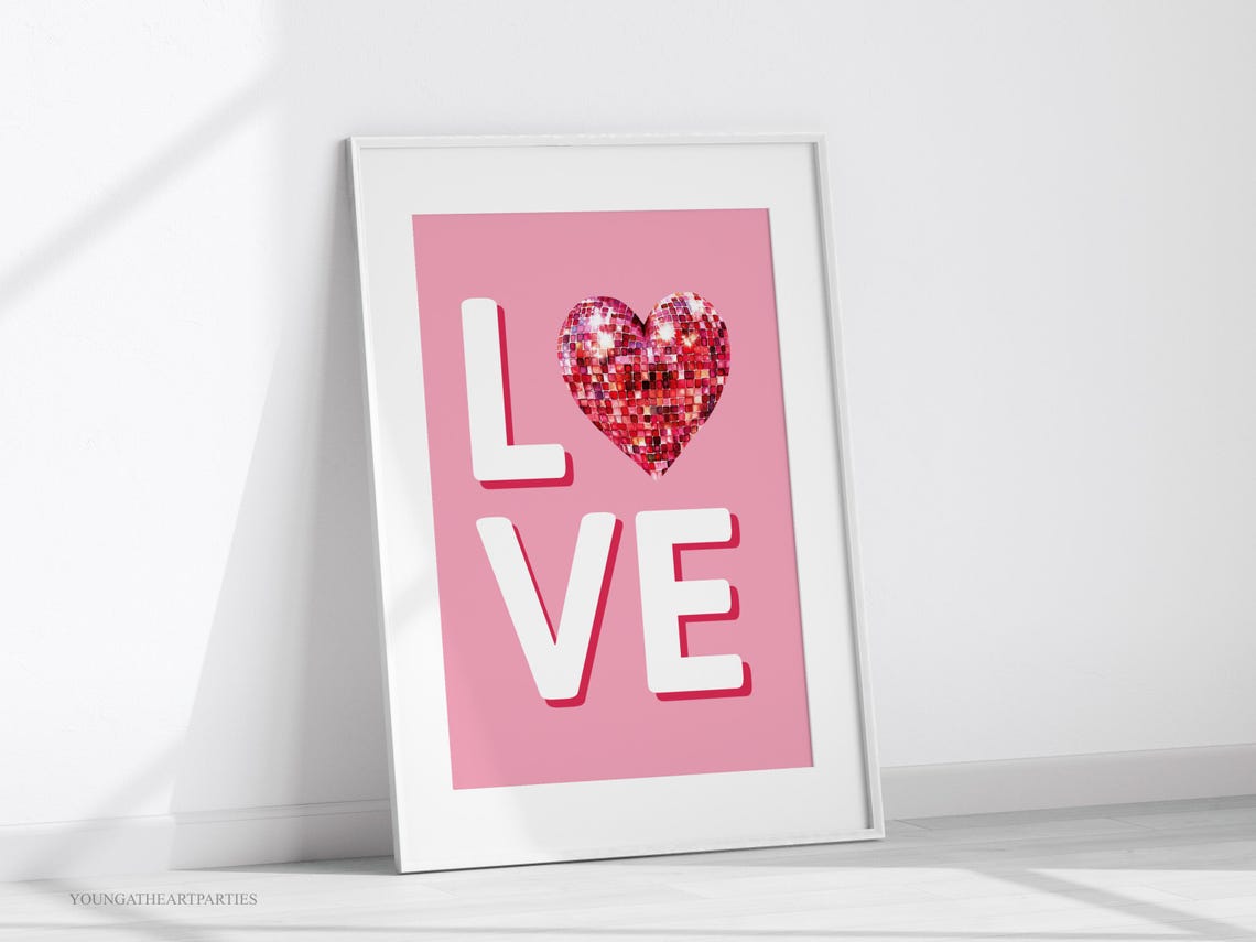 Pink Love Disco Ball Heart Typography Trendy Valentine Decor Poster - Image 6