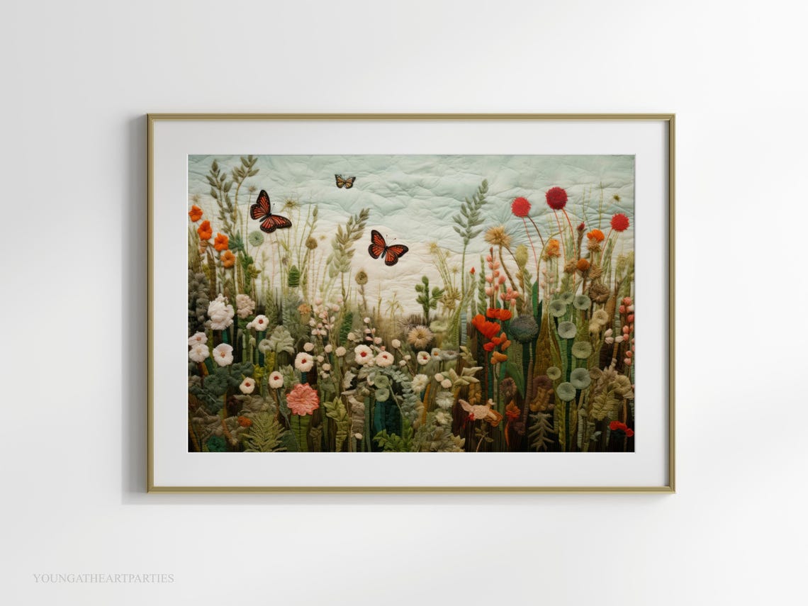 Wildflower Meadow Embroidered Textile Art Monarch Butterflies Print - Image 3