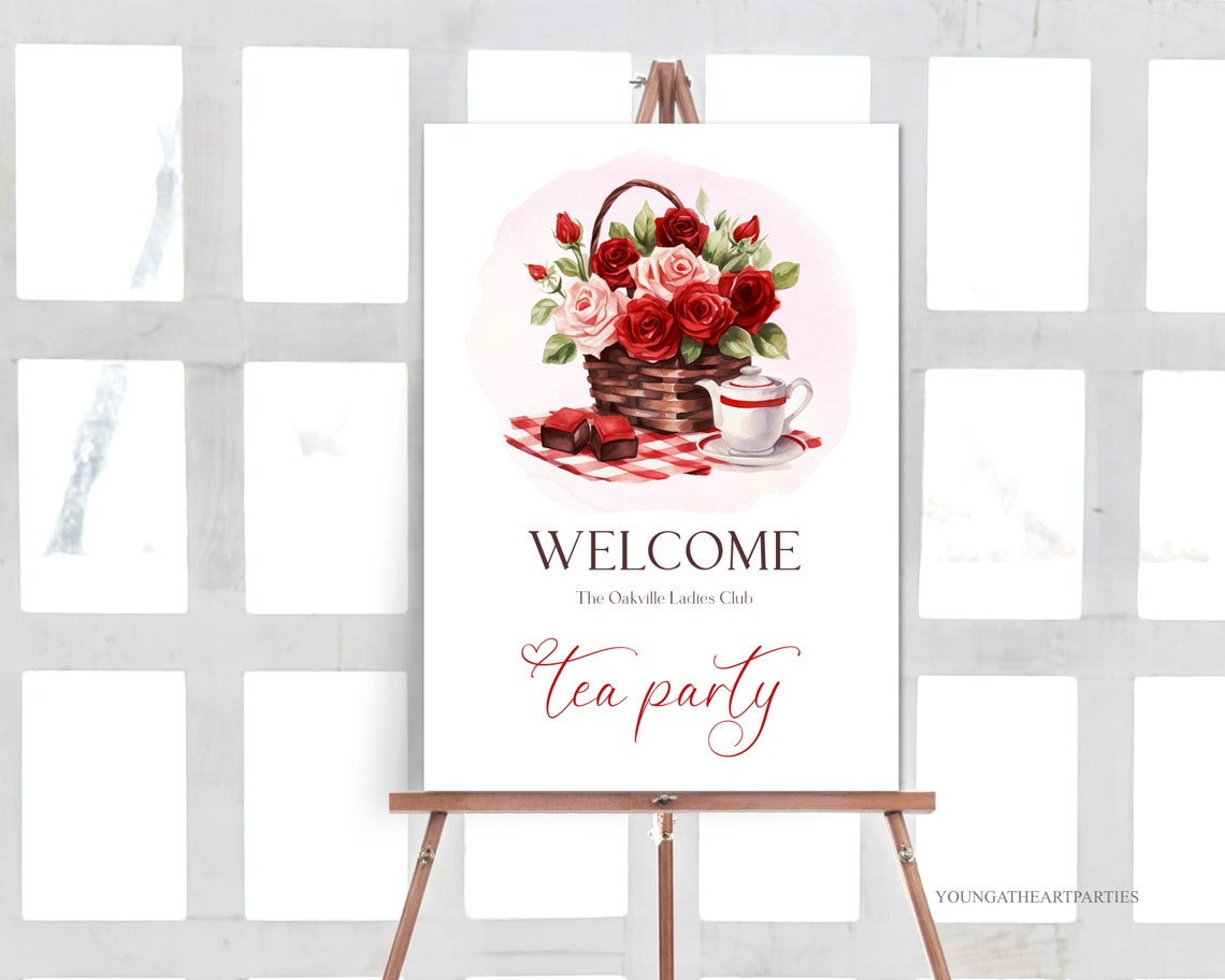 Red Rose Tea Party Welcome Sign Ladies Club Floral Teapot Decor Poster