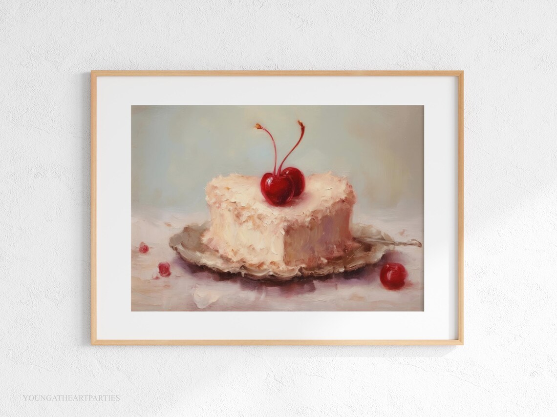 Cherry Heart Cake Oil Painting Art Print Bakery Wall Art Coquette Cake Art Print Vintage Coquette Cake Food Illustration Painting - Image 4