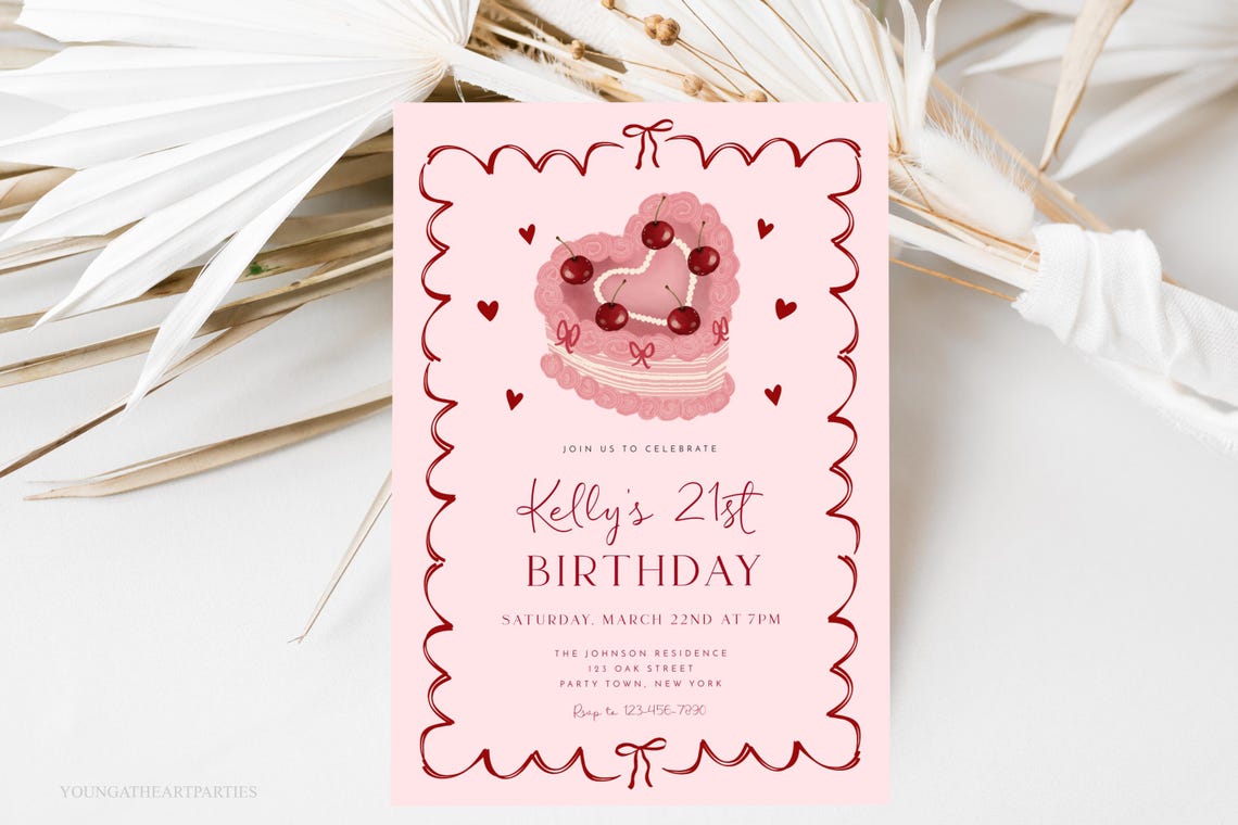 Coquette Cherry Heart Cake 21st Birthday Invitation Pink Party Print - Image 5
