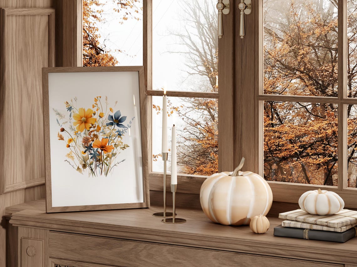 Blue Watercolor Fall Wildflower Botanical Autumn Boho Home Print - Image 2