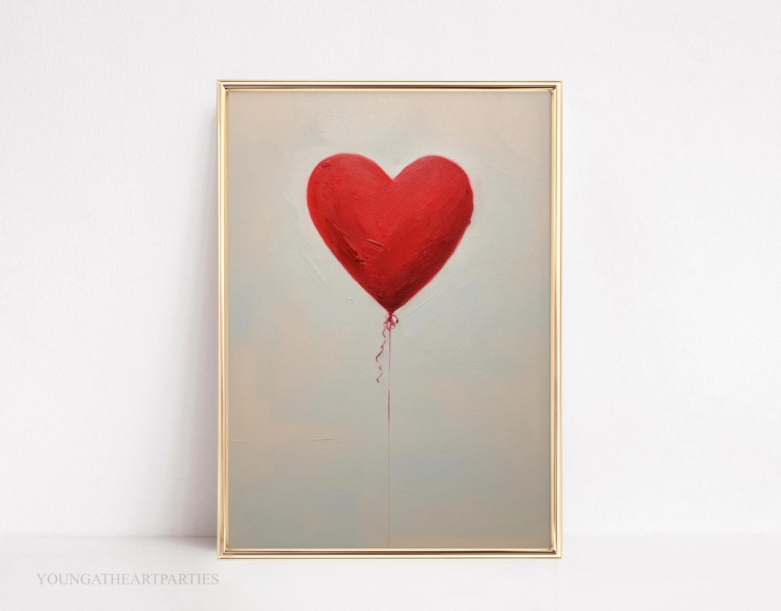 Red Heart Balloon Minimalist Love Art Soft Gray Modern Wall Print - Image 5