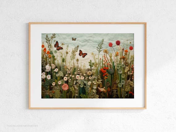 Wildflower Field Landscape Textured Quilt Boho Butterfly Vintage Wall Art Print Quilted Landscape Floral Botanical Art Print