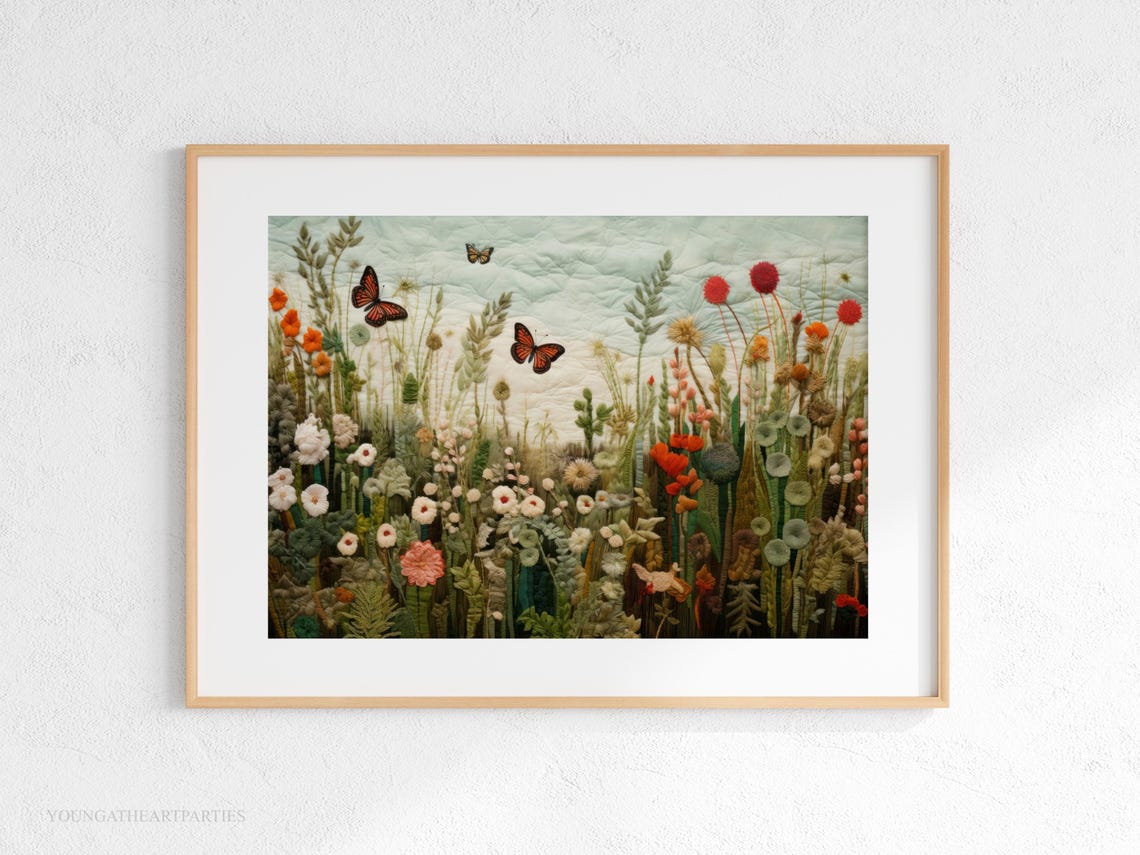 Wildflower Meadow Embroidered Textile Art Monarch Butterflies Print