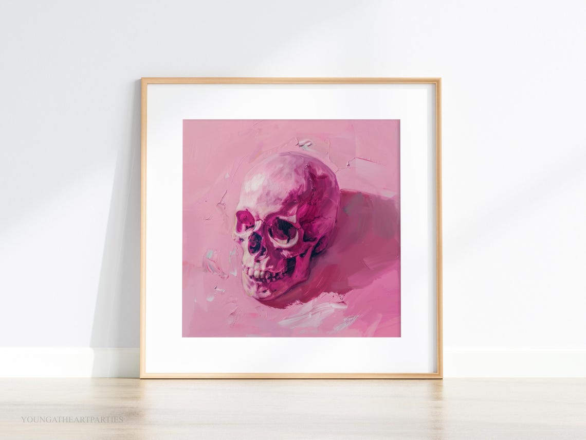 Pink Gothic Skull Oil Painting Hot Pink Halloween Art Poster - Image 3