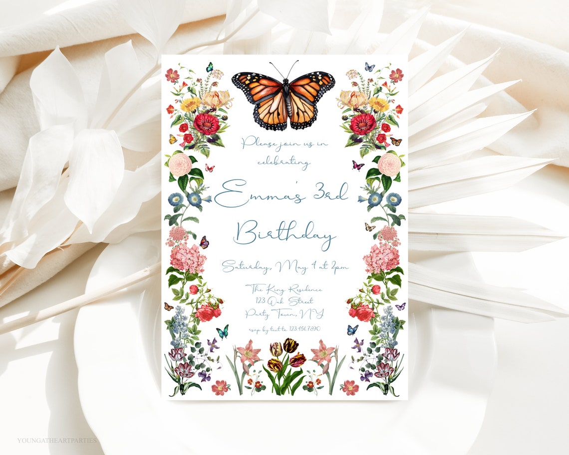 Butterfly Garden 3rd Birthday Invitation Monarch Floral Party Print