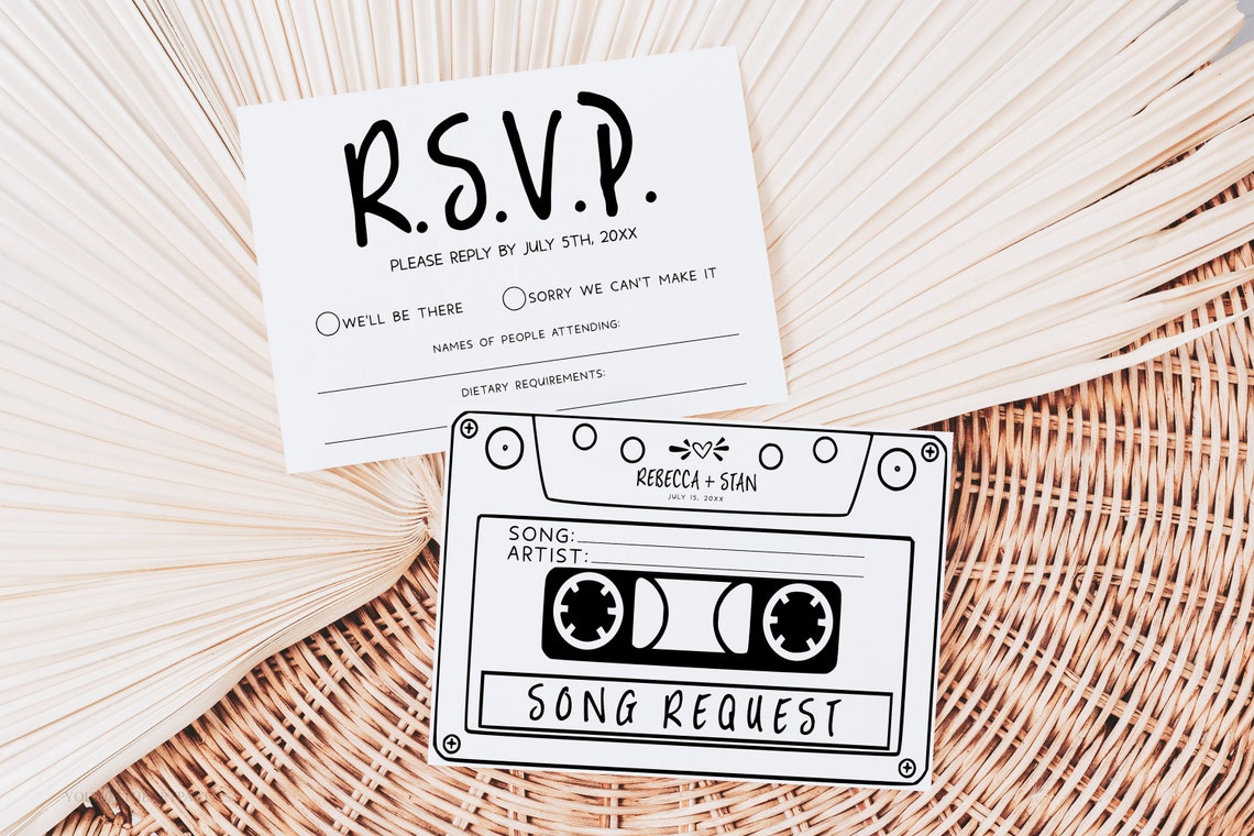 Retro Cassette Song Request Wedding RSVP Card Stationery Print