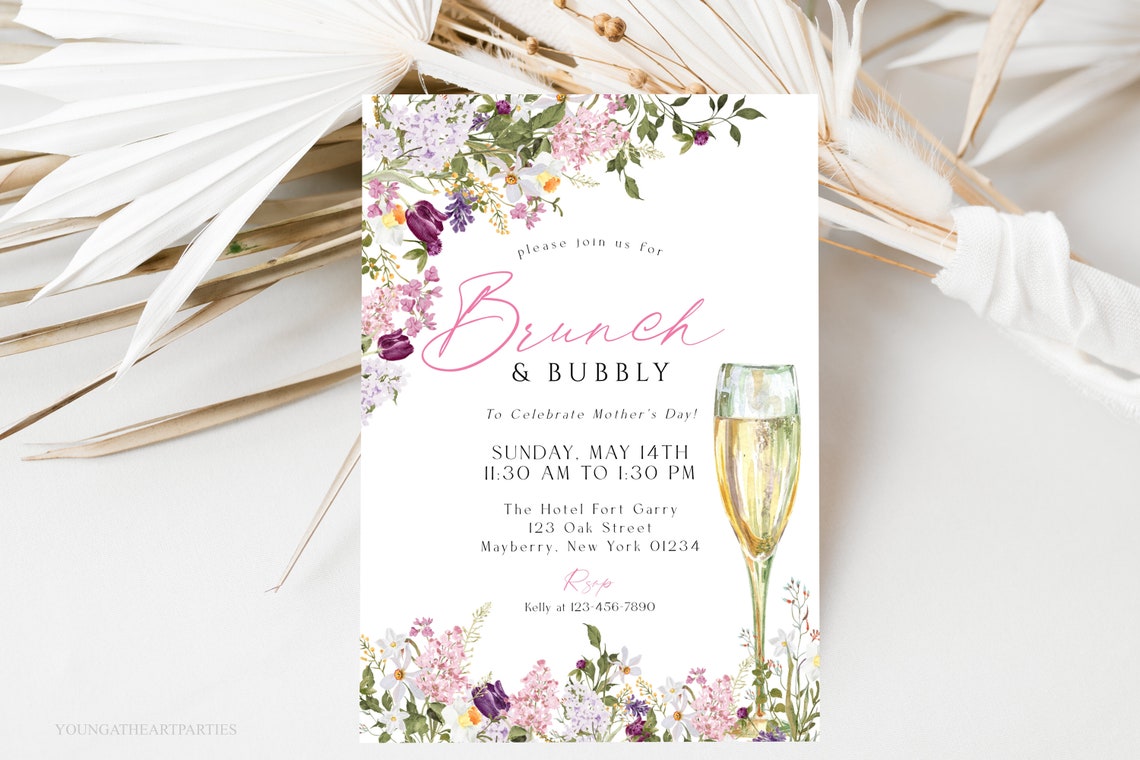 Mothers Day Brunch and Bubbly Invitation Wildflower Champagne Print