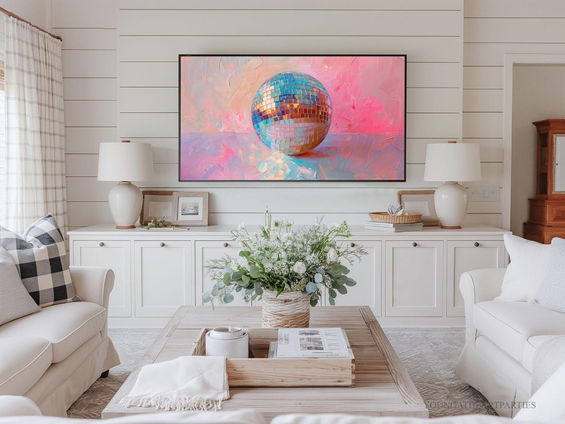 Pink Disco Ball Pastel New Years Eve Glamorous Frame TV Wall Art - Image 3