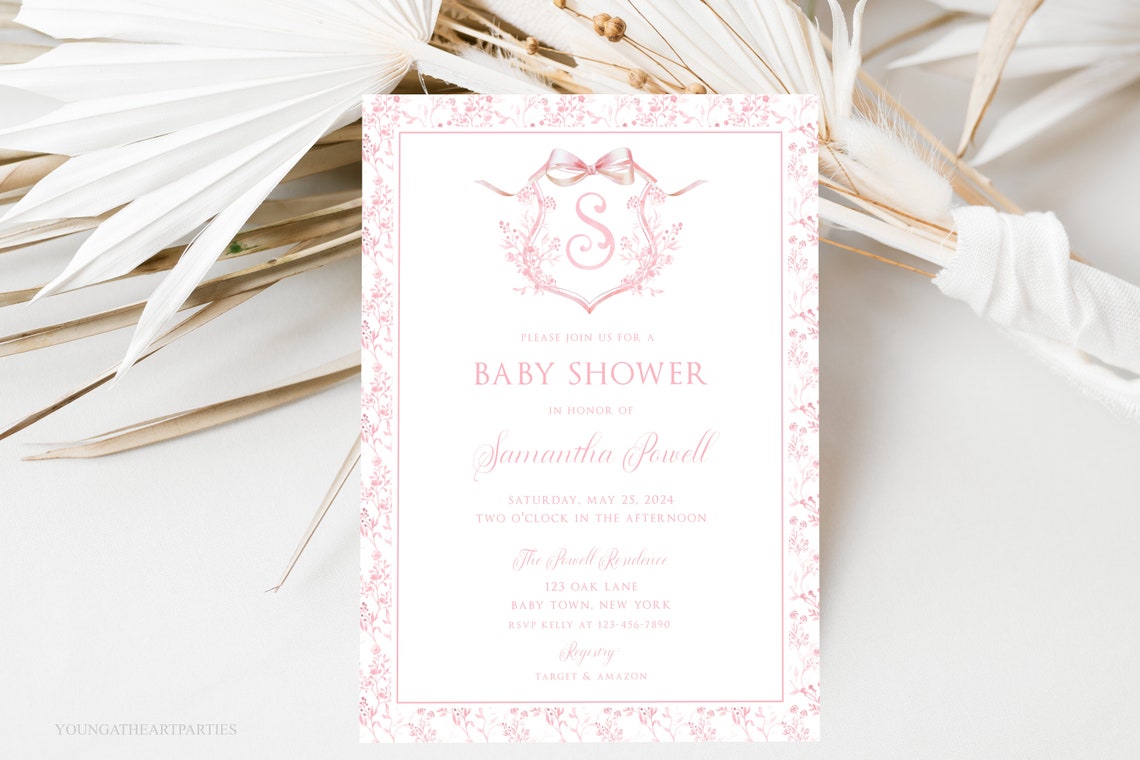 Pink Monogram Crest Baby Shower Invitation Floral Border Print