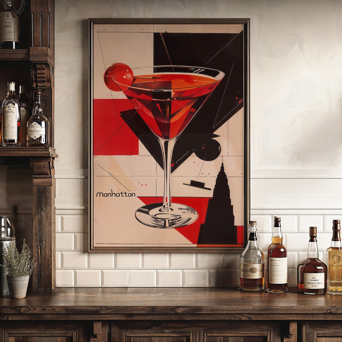 Manhattan Cocktail Art Deco Red Black Geometric Vintage Bar Poster - Image 2