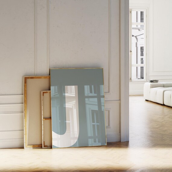 Letter J White On Sage Blue Minimalist Monogram Decor Poster