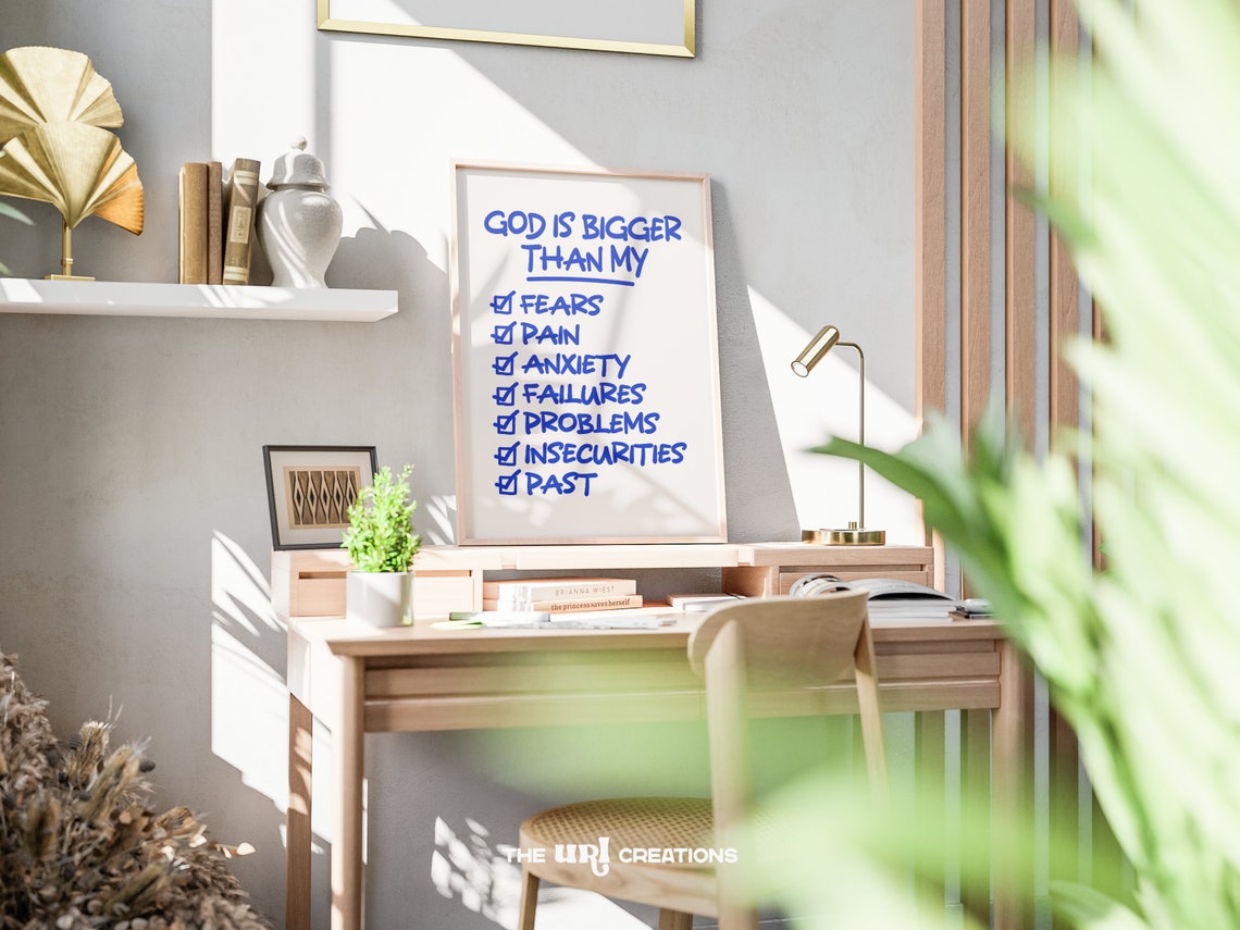 God Is Bigger Than My Fears Faith Checklist Blue Marker Script Poster - Image 3