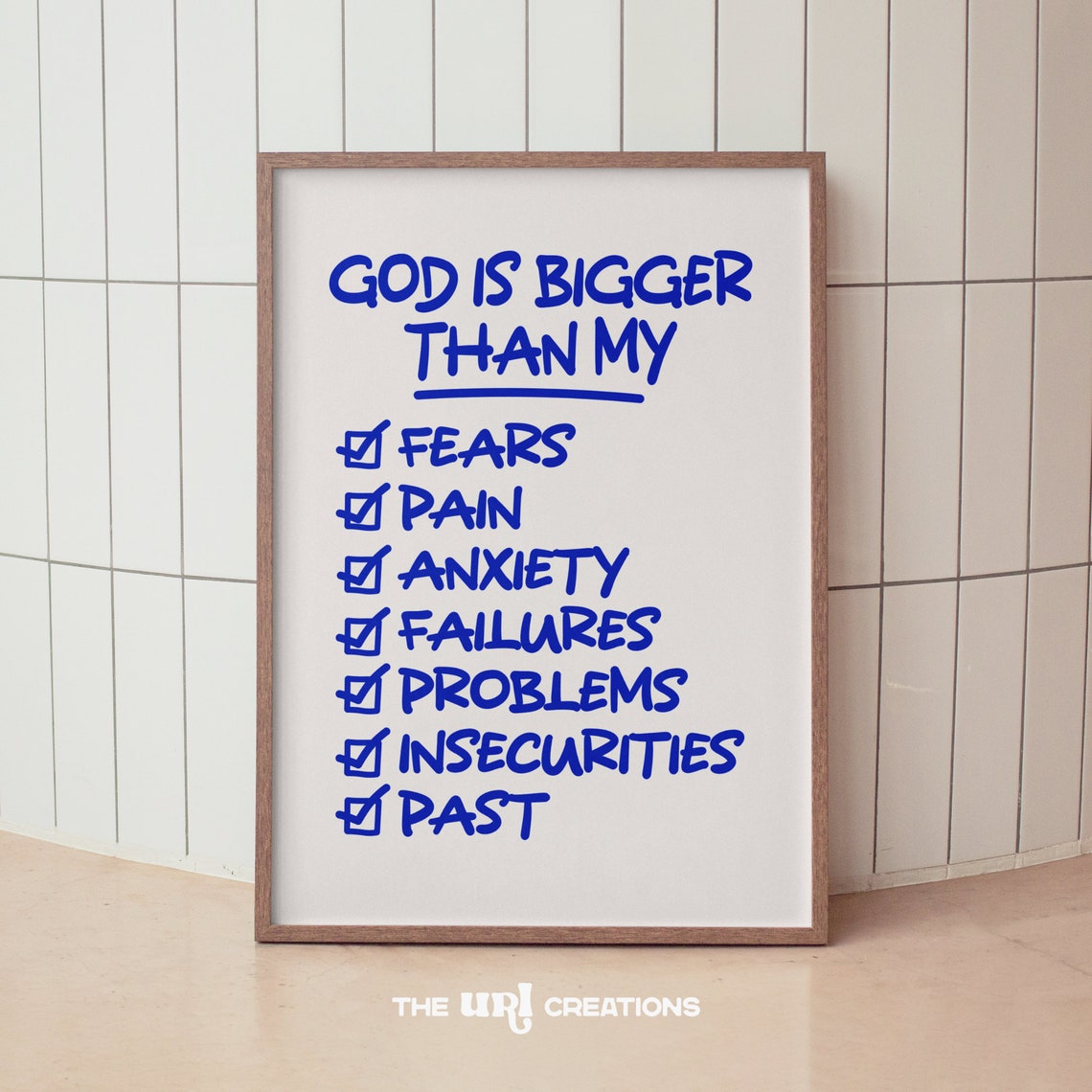 God Is Bigger Than My Fears Faith Checklist Blue Marker Script Poster