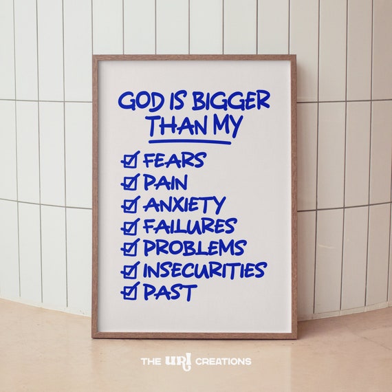 God Is Bigger Christian Wall Art Blue Minimalist Bible Verse Poster Retro Scripture Wall Art Inspiring Affirmation Poster Print Home Decor