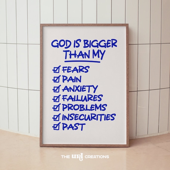 God Is Bigger Than My Fears Faith Checklist Blue Marker Script Poster