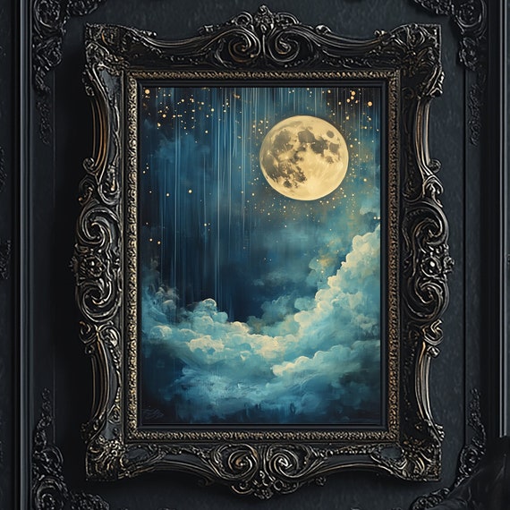 Enchanting Celestial Moon Art Print Dark Academia Dark Cottagecore Night Sky Painting Moon Wall Art Print Vintage Inspired 6 Got006