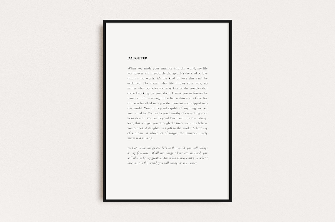 Emotional Poem for Daughter Typography Poster Heartfelt Mom Gift