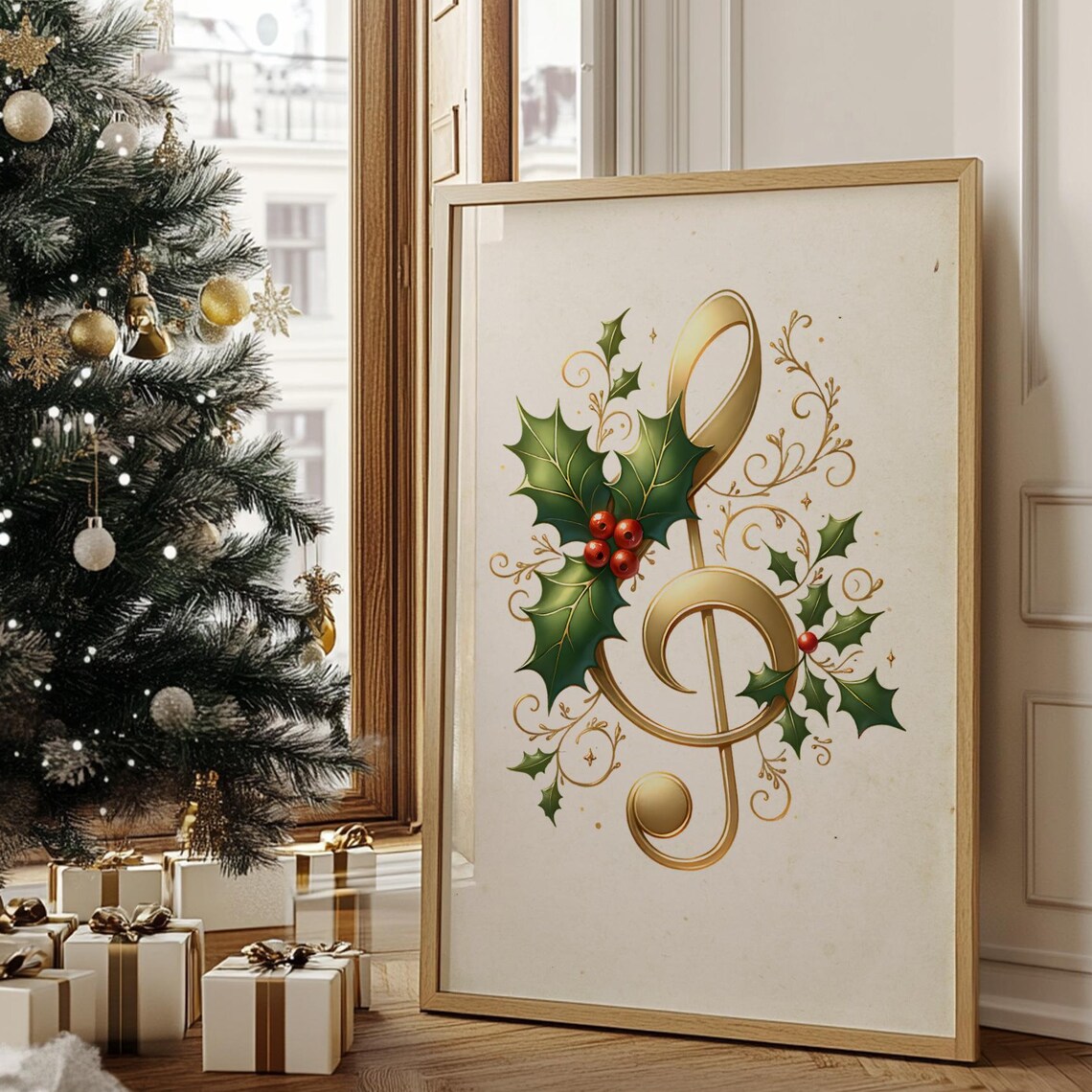 Golden Treble Clef With Holly Christmas Music Room Art Poster