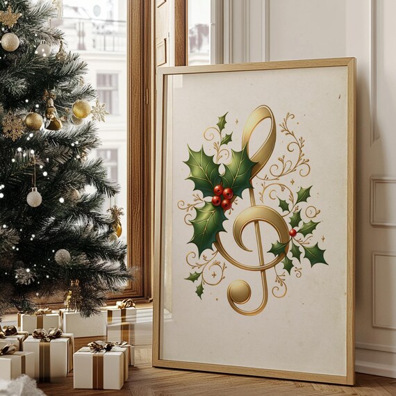 Golden Treble Clef With Holly Christmas Music Room Art Poster