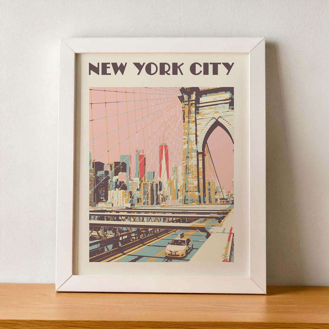 New York City Brooklyn Bridge Pink Skyline Pastel Travel Poster