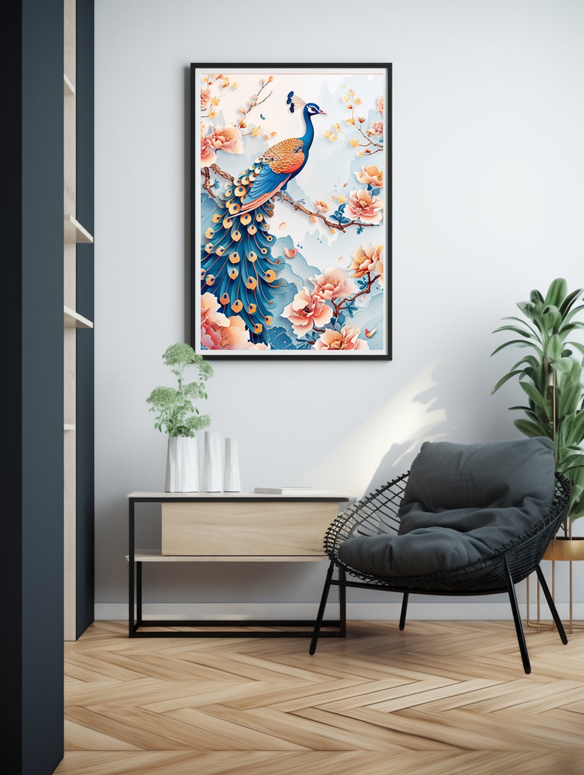 Peacock on a Flowering Branch in Delicate 3D Paper Art Poster - Image 6