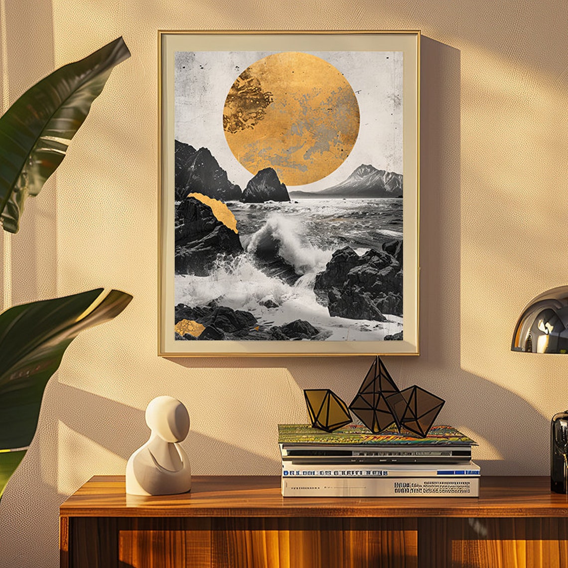 Golden Moon Rising Above Stormy Black Sea Rocks Wabi Sabi Poster